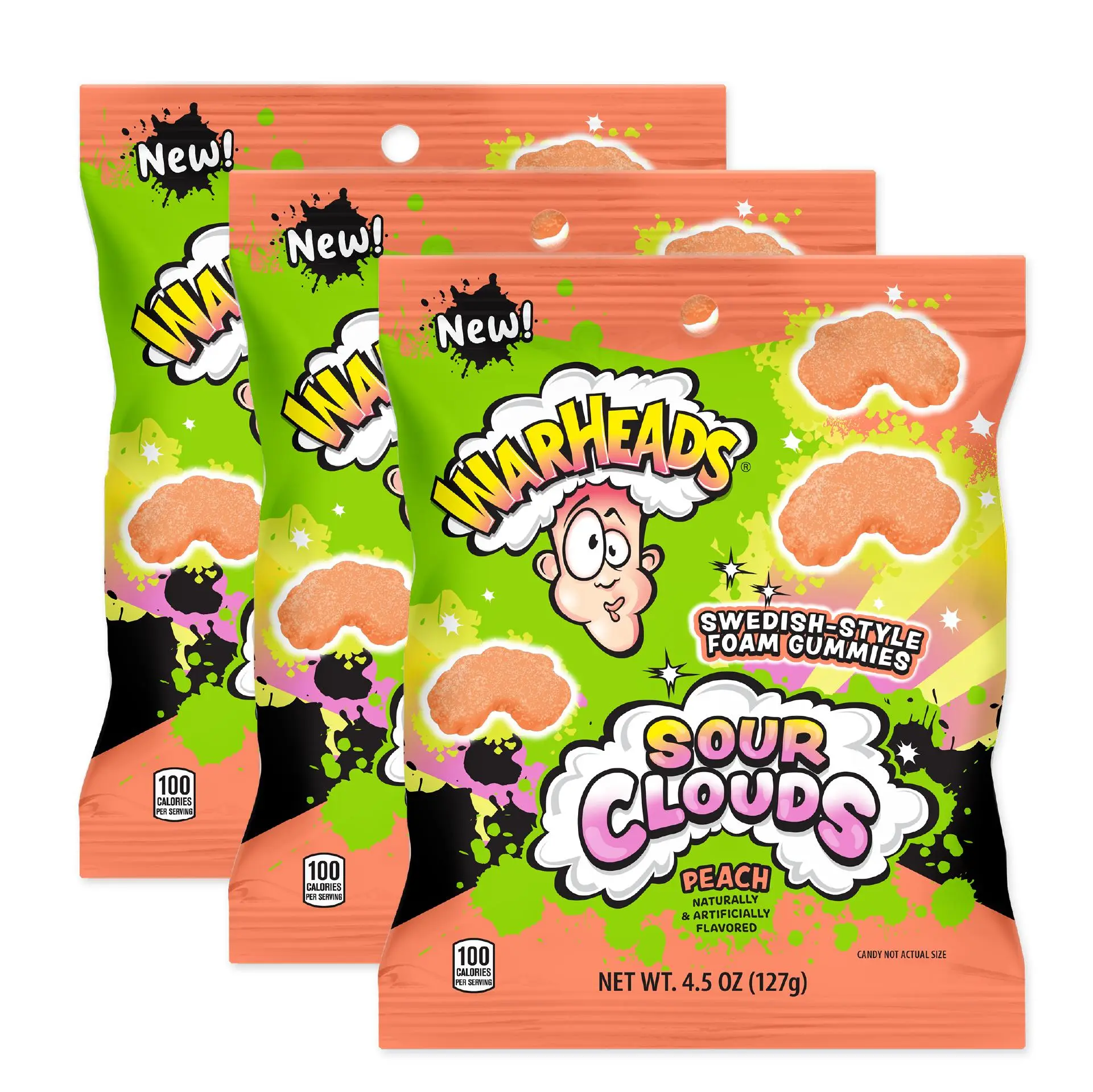 WARHEADS Sour Clouds Peach 4.5 oz Bags - 3 Pack Candy Snack Bonbon Chewy Candy Snack