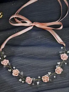 Elegant Rose Pearl Crystal Bridal Hair Vine, Handmade Soft Clay Wedding Headband with Ribbon Tie, Bohemian Romantic Hair Ring