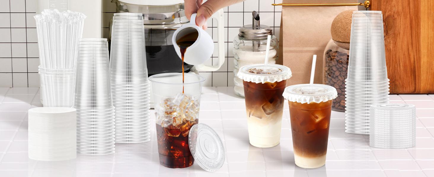 50 Pack 24 oz Clear Plastic Cups with Lids and Straws, Sturdy Disposable Coffee Cups with Lids for Iced Coffee, Cold Drinks, Smoothies and To-Go Beverages