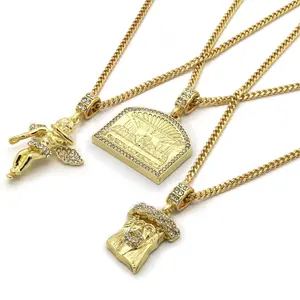 MaxBling81 3-Piece Hip Hop Costume Jewelry Set - Religious Statement Necklaces with Cuban Link Chains, 4mm 20in/24in Chain Link Necklaces, Cross Design, Jesus, Baby Angel, Last Supper Cubic Zirconia Religious Pendants, Religious Pendant