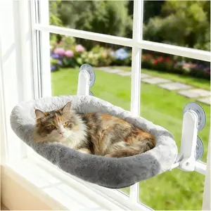 Cat Window Perch with Suction Cups- Cordless,Ultra Soft Machine Washable Bed with 4-Sided Bolster, Strong Hold for Large Cats up to 40lbs Window Hammock for Large Cats and Kittens(Gery,M)