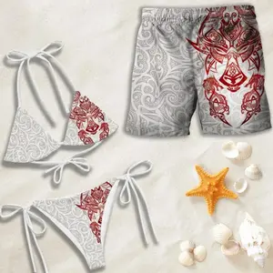 Viking Fenrir Wolf Print Bikini and Shorts Matching Set, Red Grey Dragon Swimwear 9U3