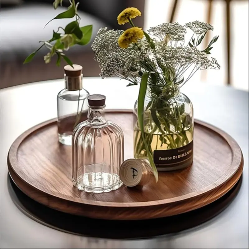 Round Wooden Trays Made of Acacia Wood with Natural Touch, Multifunctional Centerpiece Kitchen Table Decorative Trays, Home Decoration Coffee Table Trays, Natural Material, Christmas Gift, Holiday Decor