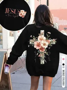Women's Spring & Fall Long Sleeve Fitted Sweater, Cross Flower Pattern, Casual Outdoor Camping Weekend Style