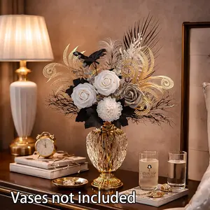 Luxury Artificial Flower Arrangement, Faux Rose Bouquet, High-End Crystal Vase Home Decor, Living Room Entryway Desktop Display, Style Gift Decoration