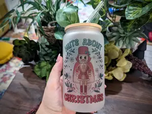 Nuts About Christmas Nutcracker Retro Glass Can Libbey Tumbler 16 Ounce with Bamboo Lid and Glass Straw