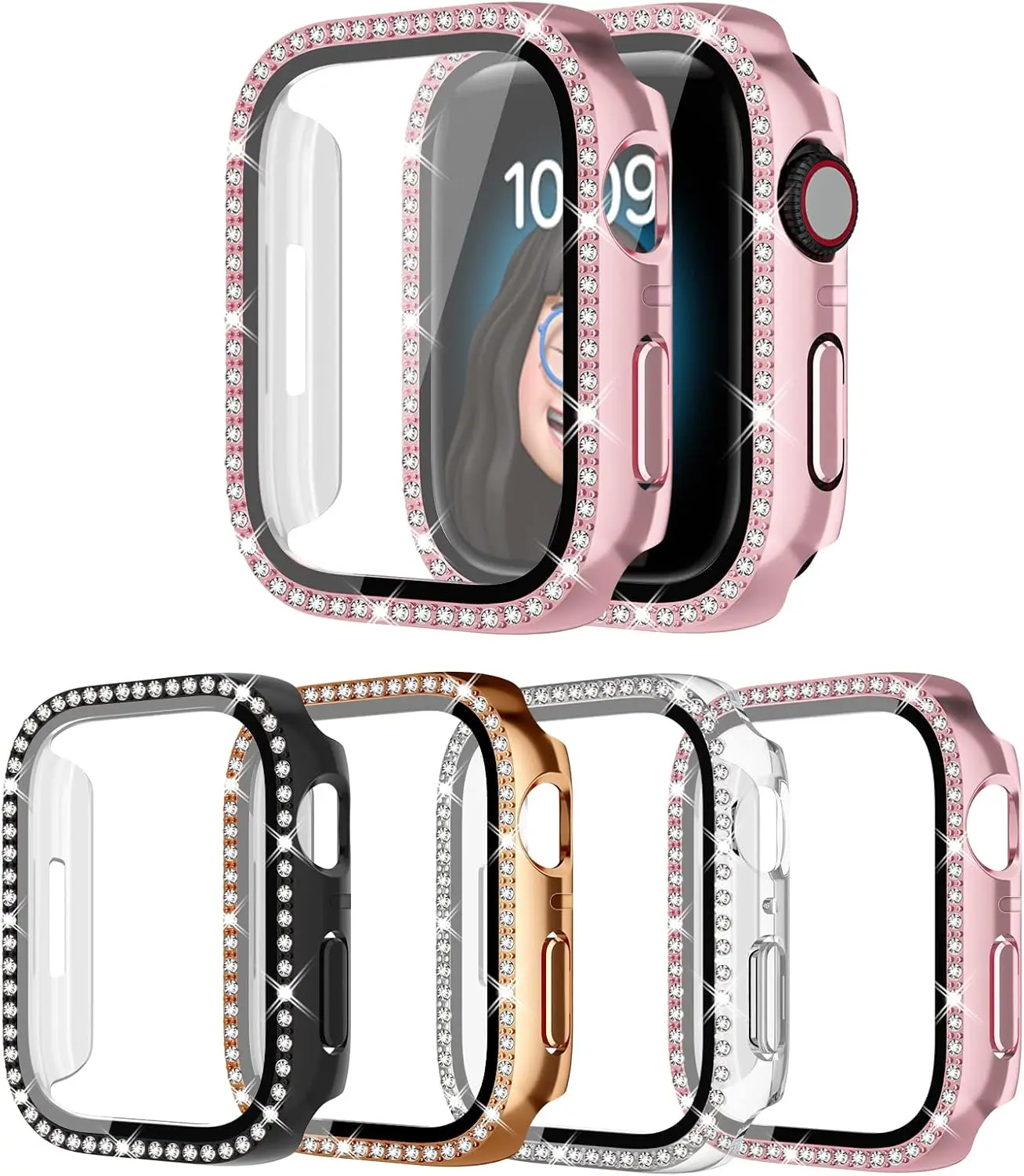 4 Pack Bling Case for Apple Watch SE 3/SE 2/SE/6/5/4 40mmm, Glitter Rhinestone Diamonds Protective Case with Tempered Glass Screen Protector Replacement Cover for iWatch 2025 (3nd Gen) SE 40mm Women