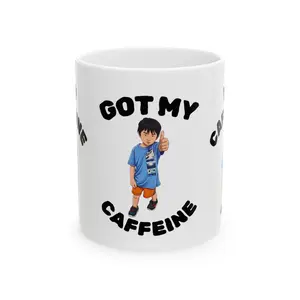 Thumb Down Boy-Got My Caffeine Mug | Thumbs Up Kid Illustration