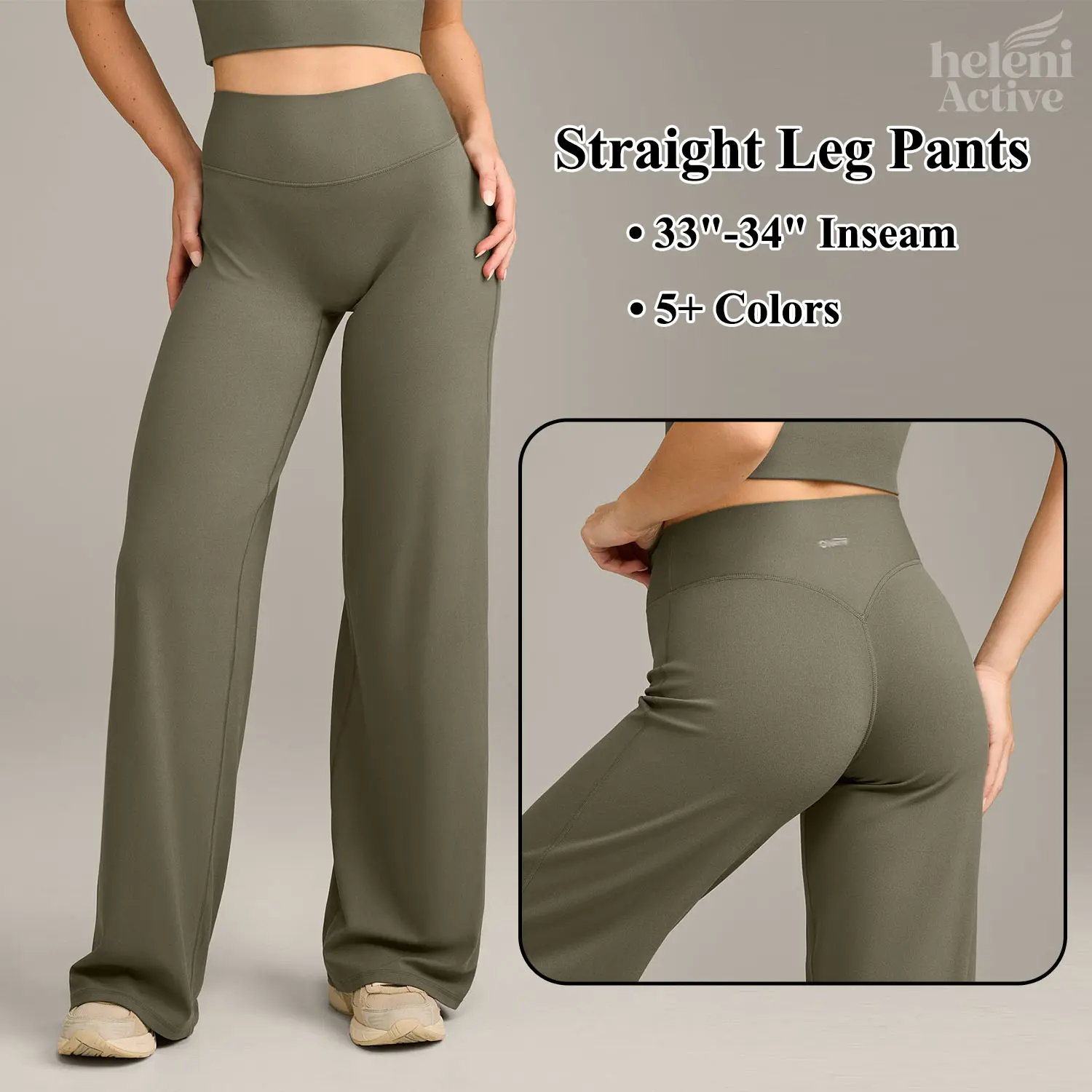 [Heleni Active] Emb. Logo SoftMotion Women's Straight Leg Pants, 33"-34" Inseam Regular Length Activewear Workout Leggings