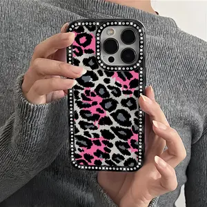 Black Leopard Pattern Bling Glitter Phone Case with Sparkle Rhinestone Diamond , Airbag Anti-Fall Crystal Cover for iPhone 16 15 14 13 12 Pro Max Plus