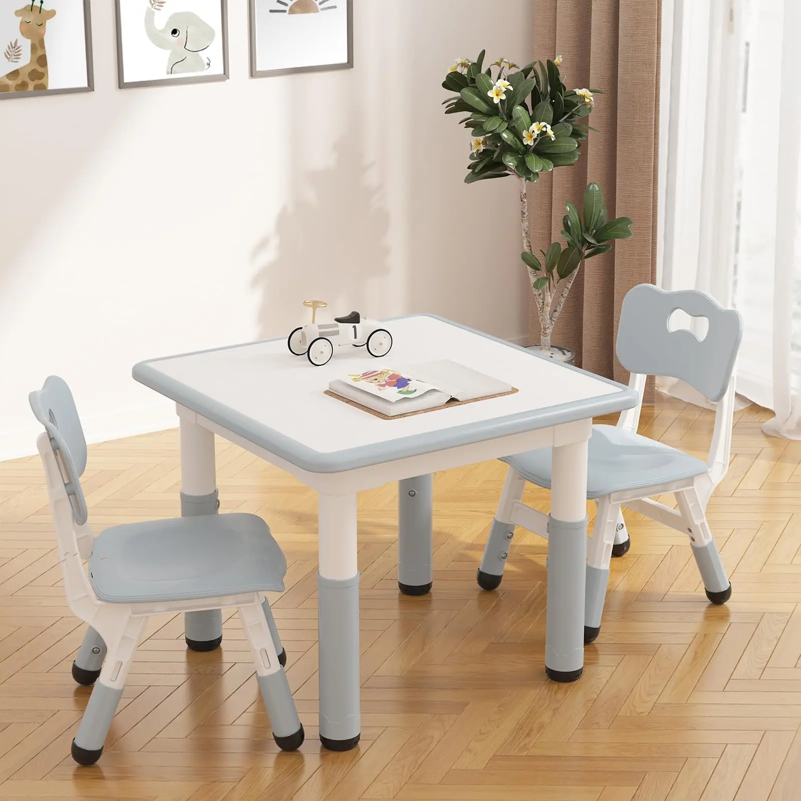Garvee Flexible Height-Adjustable Children's Dining Table & 2 Chairs Set - Graffiti Desktop Indoor Furniture for Eating, Drawing, Playing, Family Moments