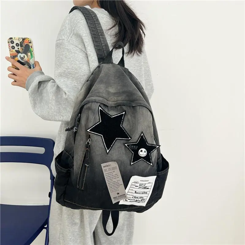 Gradient Washed Denim Backpack, Star Patch Large Capacity Student School Bag, Vintage Y2K Casual Daypack For College Students Couples