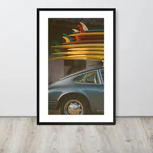 Blue Porsche Surfboard - UnFramed Wall Art - Coastal Adventure Decor - Vintage Car Art - Surf Culture