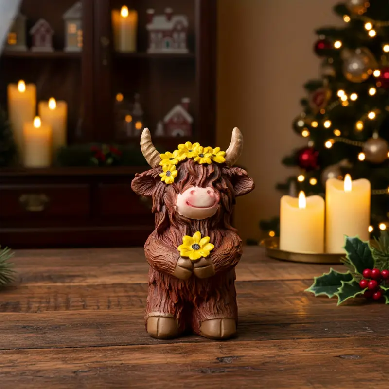 Resin Scottish Highland Cow Statue with Furry Coat and Yellow Wreath - French Country Farmhouse Table Decoration, Cool Cow Animal Figurine, Cute Cow Design, Suitable for Christmas, Thanksgiving Gifts, Home Decoration - Unique Scottish Style