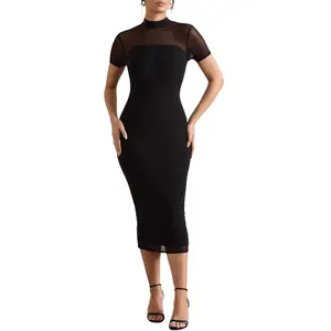 Women's Short Sleeve Bodycon Dress Elegant Mesh Mock Neck Slit Party Midi Dresses