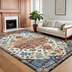 【GARVEE】Vintage Area Rug 5x7 Machine Washable Rug, Non-Slip Soft Floor Carpet for Living Room, Low Pile Oriental Medallion Floral Printed Accent Rug for Dining Room, Bedroom, Orange