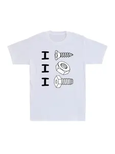 Men'S Funny Mechanical Graphic T-Shirt - White with Black Screw & Bolt Design - Casual Round Neck Tee for Engineers Mechanics DIYers - Funny Gift for Engineers Day Birthday Casual Attire - Humorous Screwdriver & Wrench Print Apparel - All-Season
