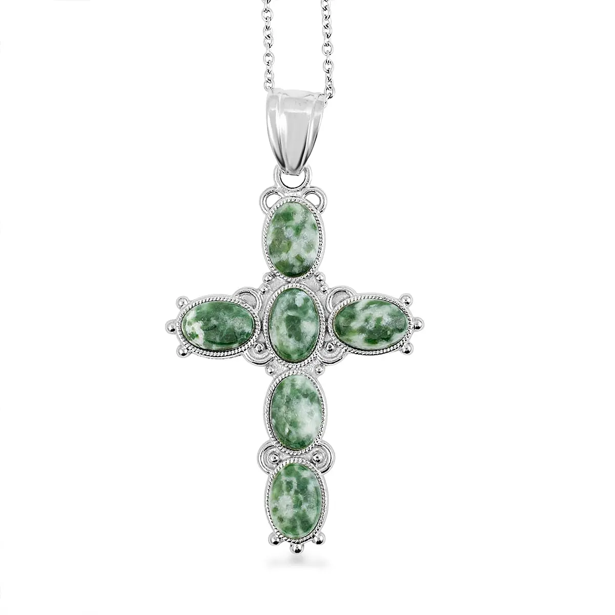 Cross Oval Red Japser Pendant in Silvertone with Stainless Steel Necklace (20 Inches) 6.00 ctw