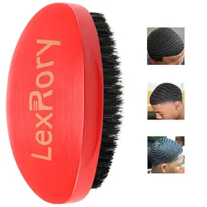 360 Curved Wave Brush - Medium Hard Palm Brush with Beech Wood and Boar Bristles for Men's Hair Styling and Beard Grooming (Red)