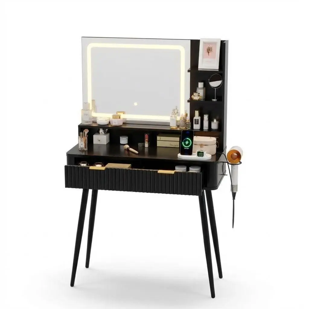 Modern LED Vanity Desk, 31.5×13.8×52.0 Inches (80×35×132cm) Particleboard, Makeup Vanity with 3-Color LED Mirror, 2 Drawers & Built-in Charging Station
