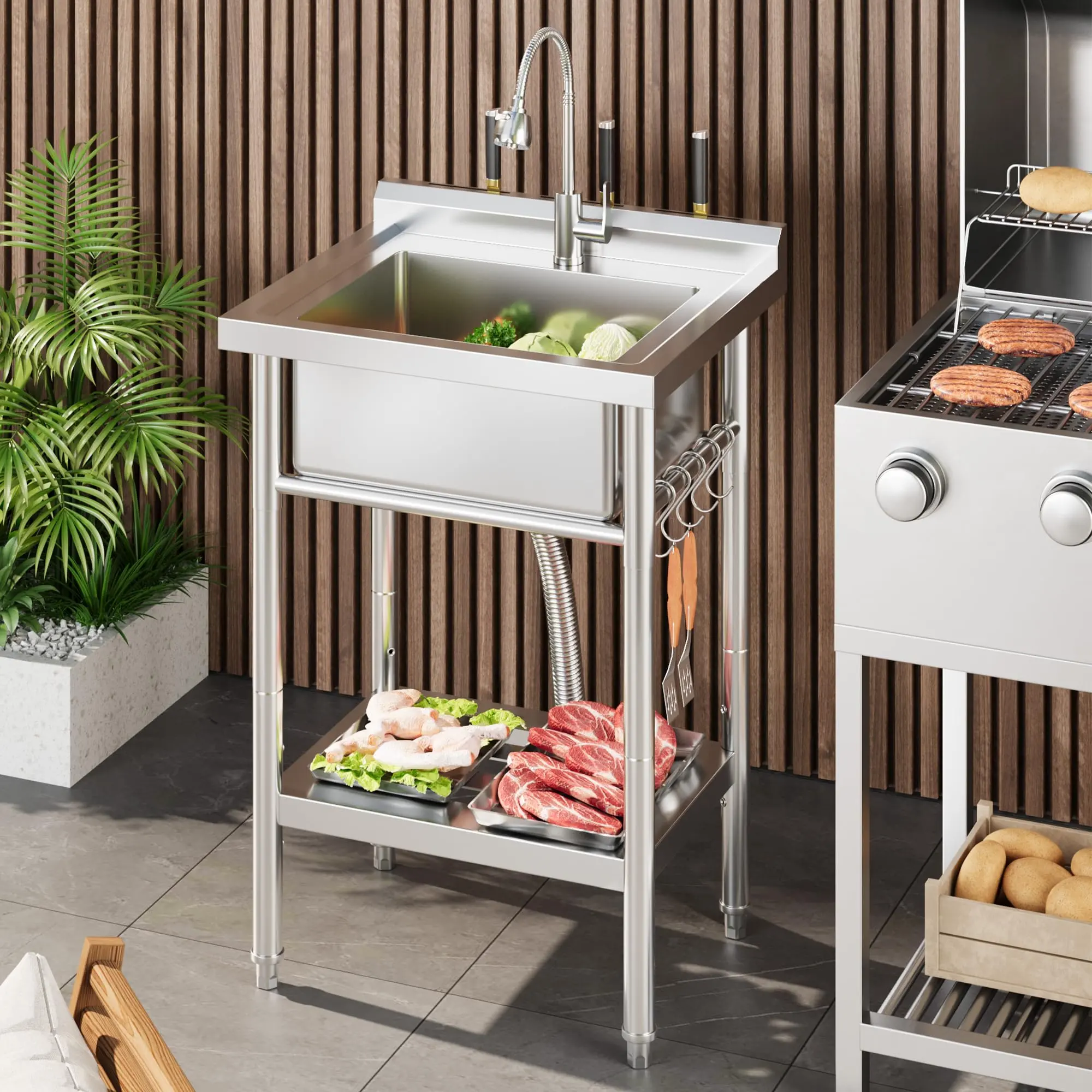 🚰 Stainless Steel Utility Basin – Freestanding Single/Double Bowl with 360° Pull-Out Faucet, Storage Shelf & Adjustable Feet – Rust-Resistant, Easy to Clean for Kitchen, Laundry or Garage! ✨, Multi-Size