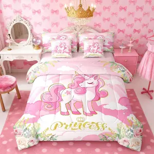 Lovely Unicorn Comforter Set,Bed in a Bag 7 Pieces,Pink Girly Princess Animals Bedding Set,Watercolor Blooming Flowers (Comforter+Fitted+Flat Sheet+2 Pillowcases+2 Throw Pillow Covers)