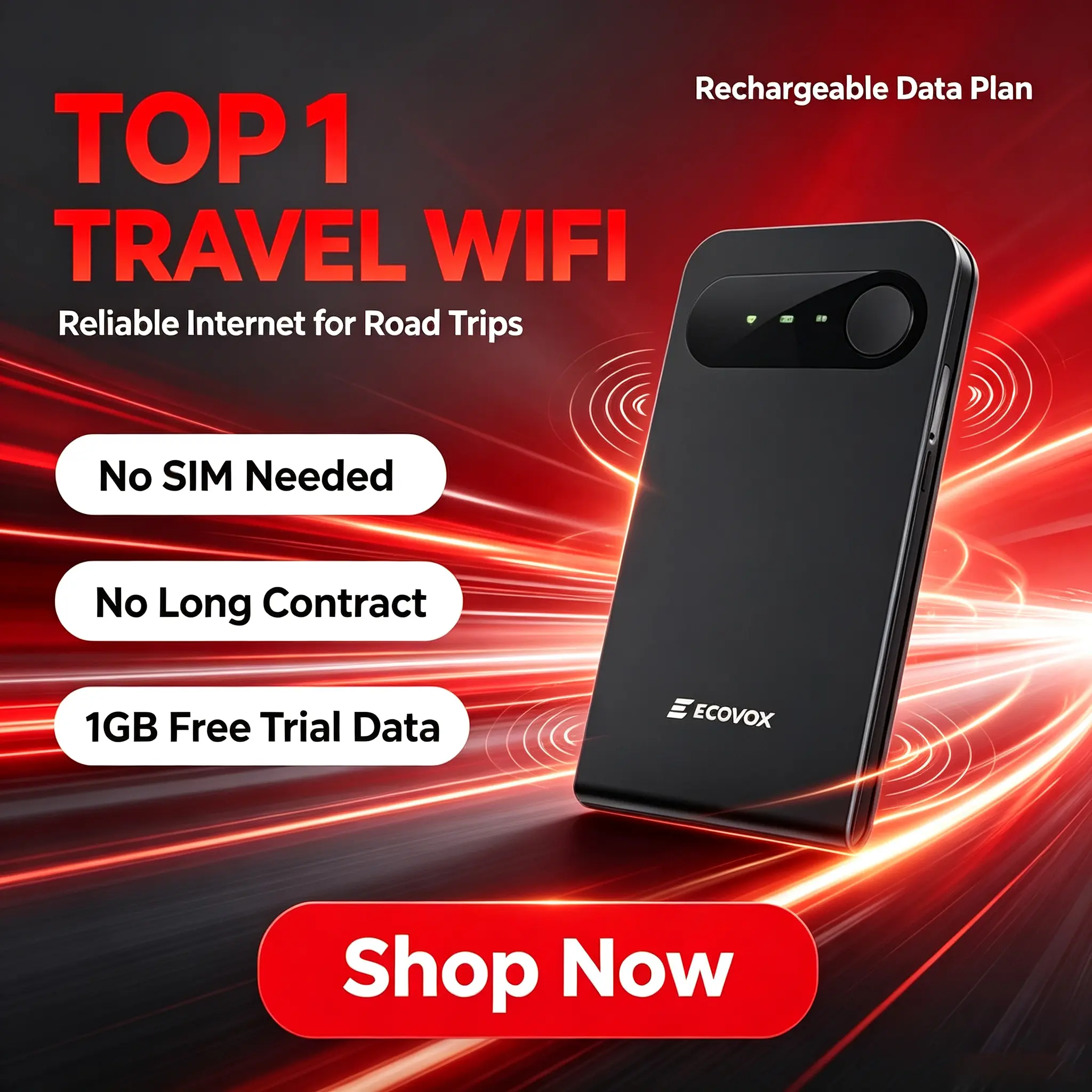 ECOVOX Global Portable WiFi Hotspot Device, 4G LTE Wireless Pocket Router, Multi-Carrier Support, 150Mbps, FCC Certified, Ultra Lightweight 86g, Small Size, 1GB Free Data, Perfect for Travel, Airport & Hotel Use