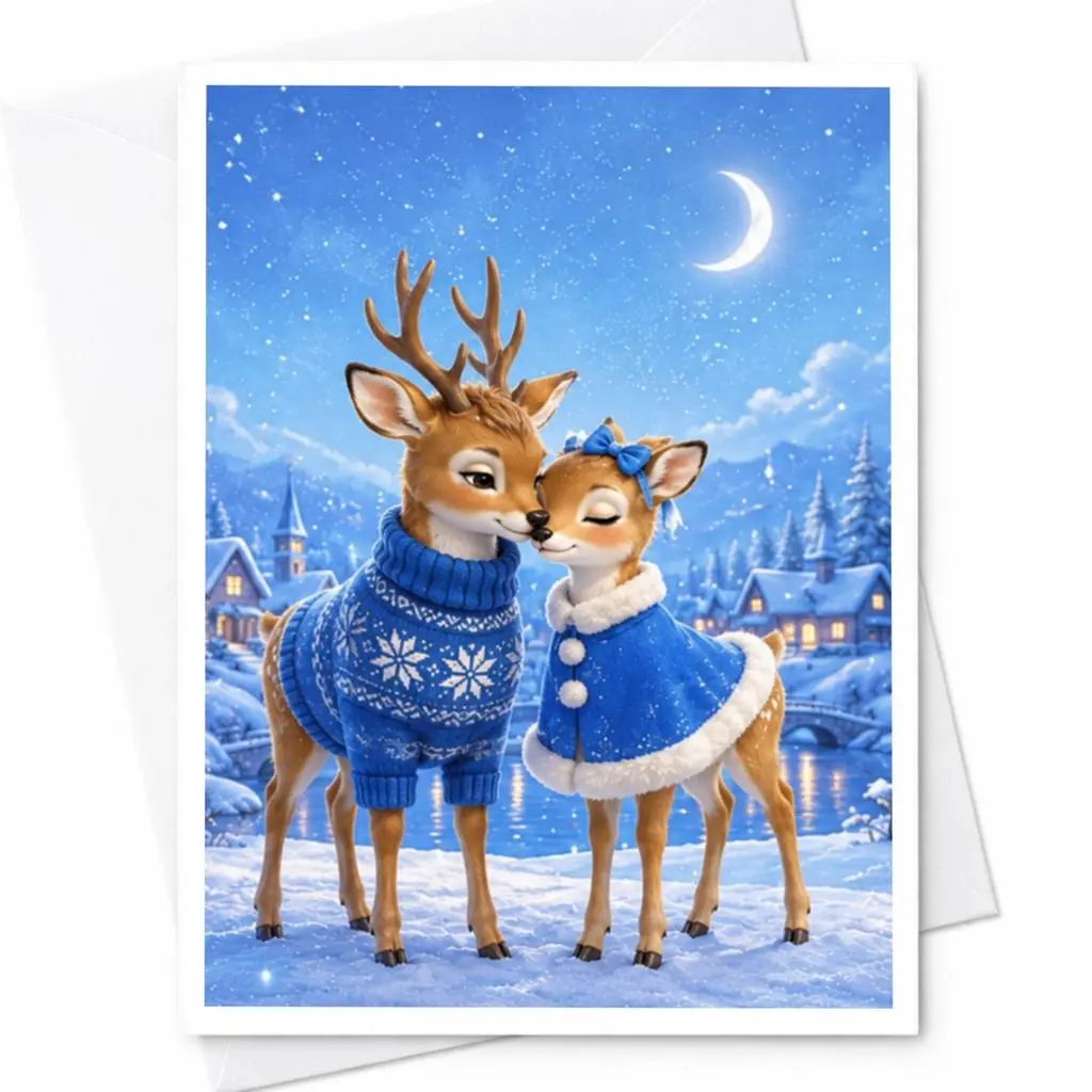 Deer Couple Christmas Card Cute Winter Scene Greeting Card Holiday Card For Animal Lover Romantic Snowy Landscape C4166