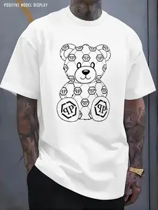Men's Panda Pattern Tee, High-Grade Cotton, Duck Design, Short Sleeve, Round Neck, Casual Fitted Top
