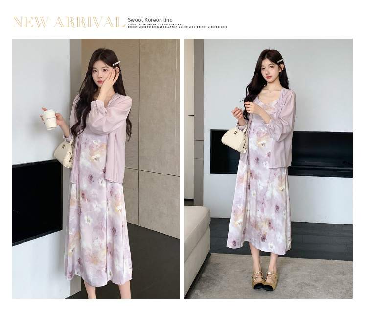 Sweet And Gentle Style Purple Printed Slip Dress Shirt And Cardigan Two-Piece Set