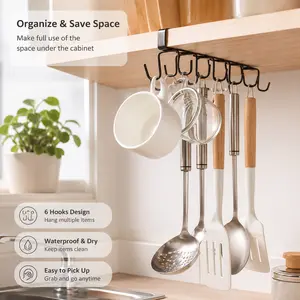 Iron Under Cabinet Hanging Rack, no punching multi hook design, for storing kitchen utensils mugs and saving counter top space