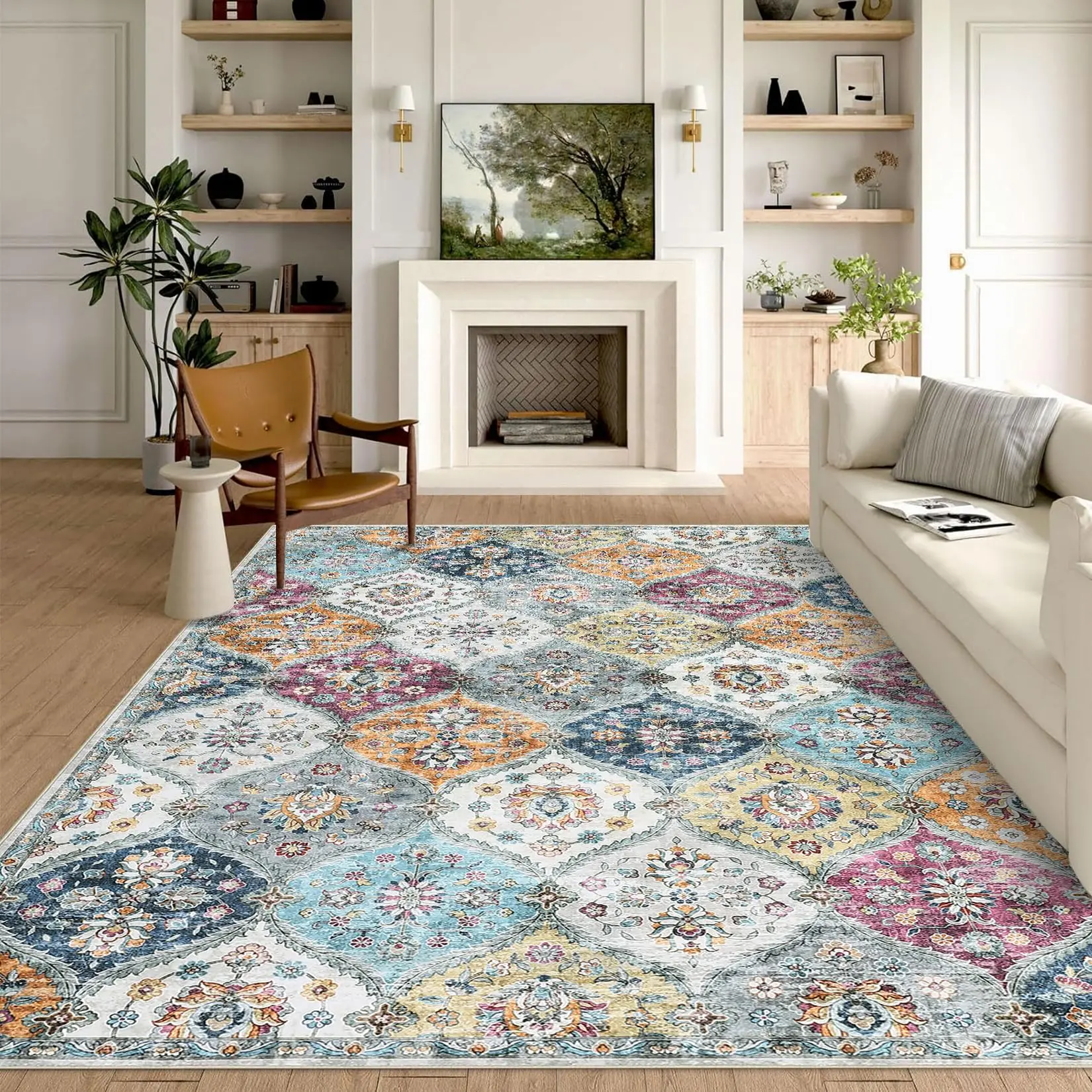 GARVEE Washable Area Rug 8x10 Rug for Living Room Non-Slip Large Carpet, Stain Resistant and Low Pile Faux Wool Accent Oriental Carpet, Vintage Printed Rugs for Dining Room, Bedroom, Yellow Purple