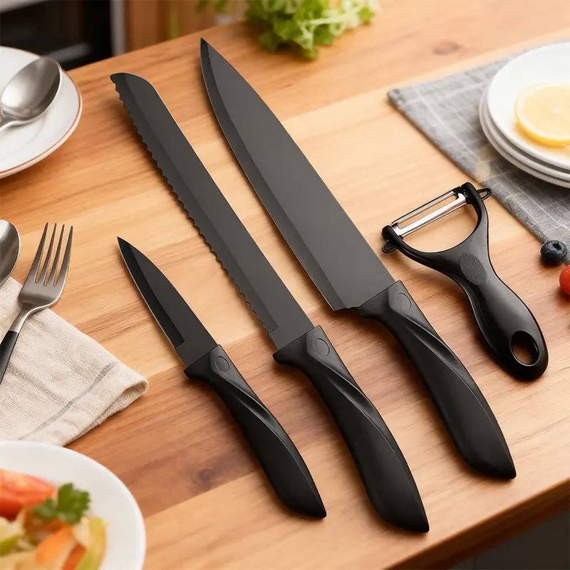 4-piece knife set, dishwasher washable, stainless steel kitchen knives with ergonomic handles, suitable for both men and women with sharp knives, black version