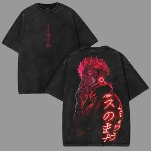 Ryomen Sukuna Jujutsu Kaisen Oversized Washed Tee – Heavy Cotton Neon Red Graphic Shirt | Anime Collector Essential Jujutsu Kaisen merchandise, streetwear, men's graphic T-shirts