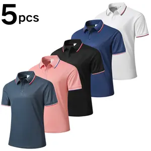 Men's Solid Color Polo Shirt with Turn-Down Collar, Striped Trim at Collar and Cuffs, Half Placket Button Design, Suitable for Spring and Summer Wear