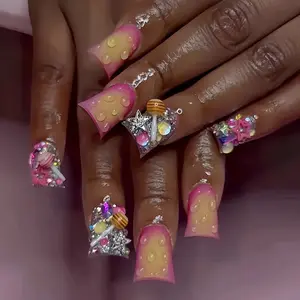 24 Pcs Duck Bill Nail Tips, Gradient with 3D Lollipops & Stars, Glossy False Nails, Reusable, Party & Street Style, Includes Jelly Glue & File