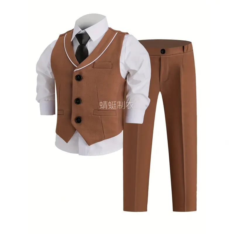 Boys' Polyester-Elastane 2-Piece Formal Suit Set (3-4 Years, 4-5y) - Long Sleeve Button-Front Shirt, Casual Lapel Vest, Straight Pants, Tie + Plain Camo Bear Print Hooded Sweatshirt & Joggers Set for Violin Competition Grading, Daily Casual, Over 3 Years