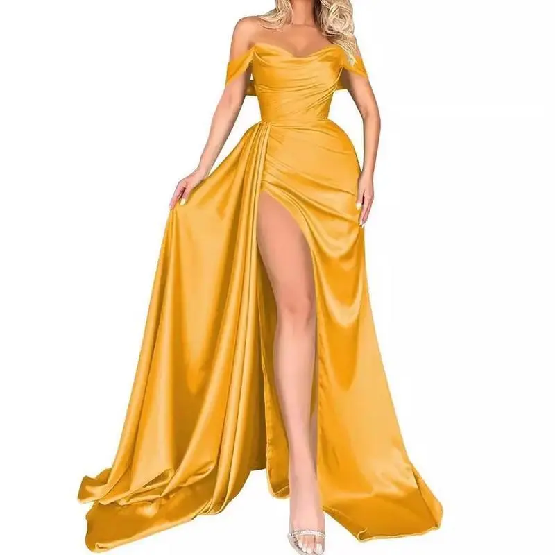 2026 Western Women Off-Shoulder High Slit Sexy Slimming Banquet Party Evening Gown Dress Fabric FormalTT573 F887