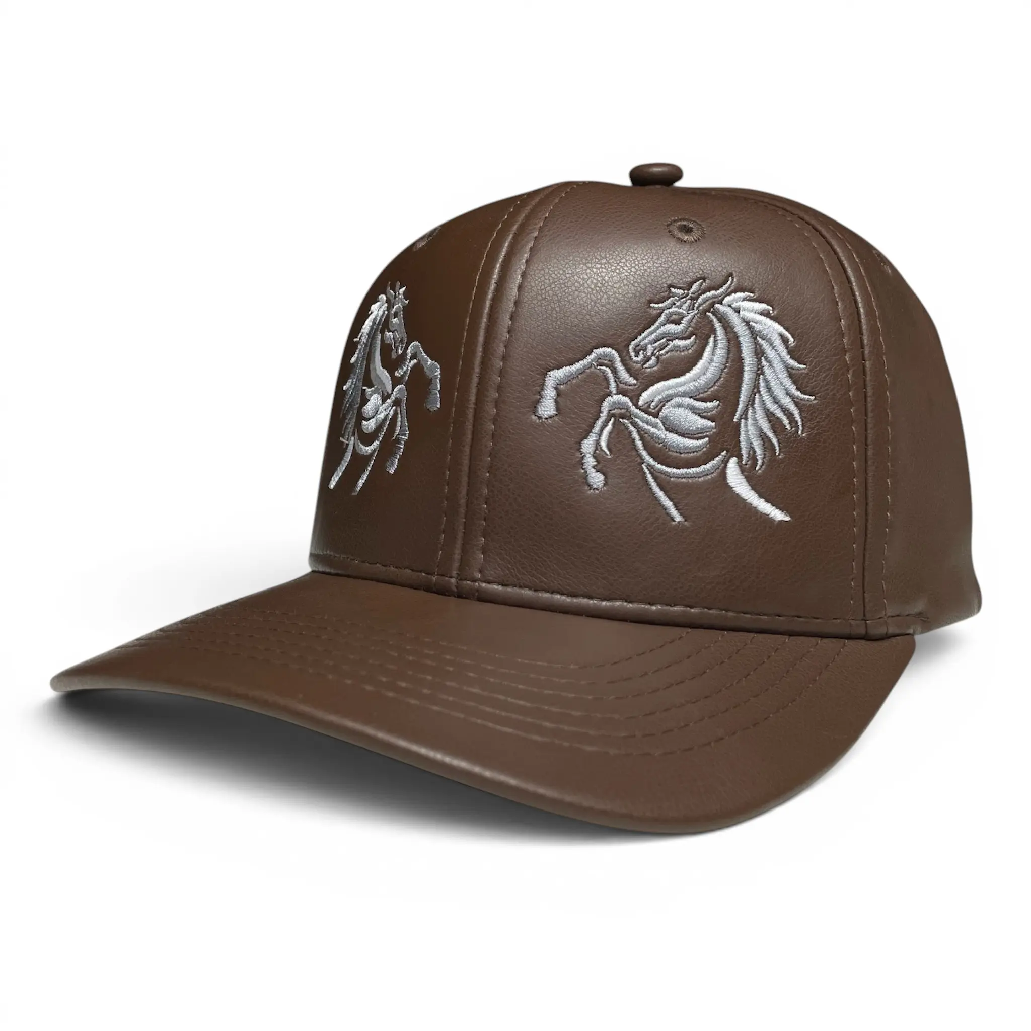 Doble Caballo Stallion Embroidered Western Cowboy Snapback Hat Brown PU Leather