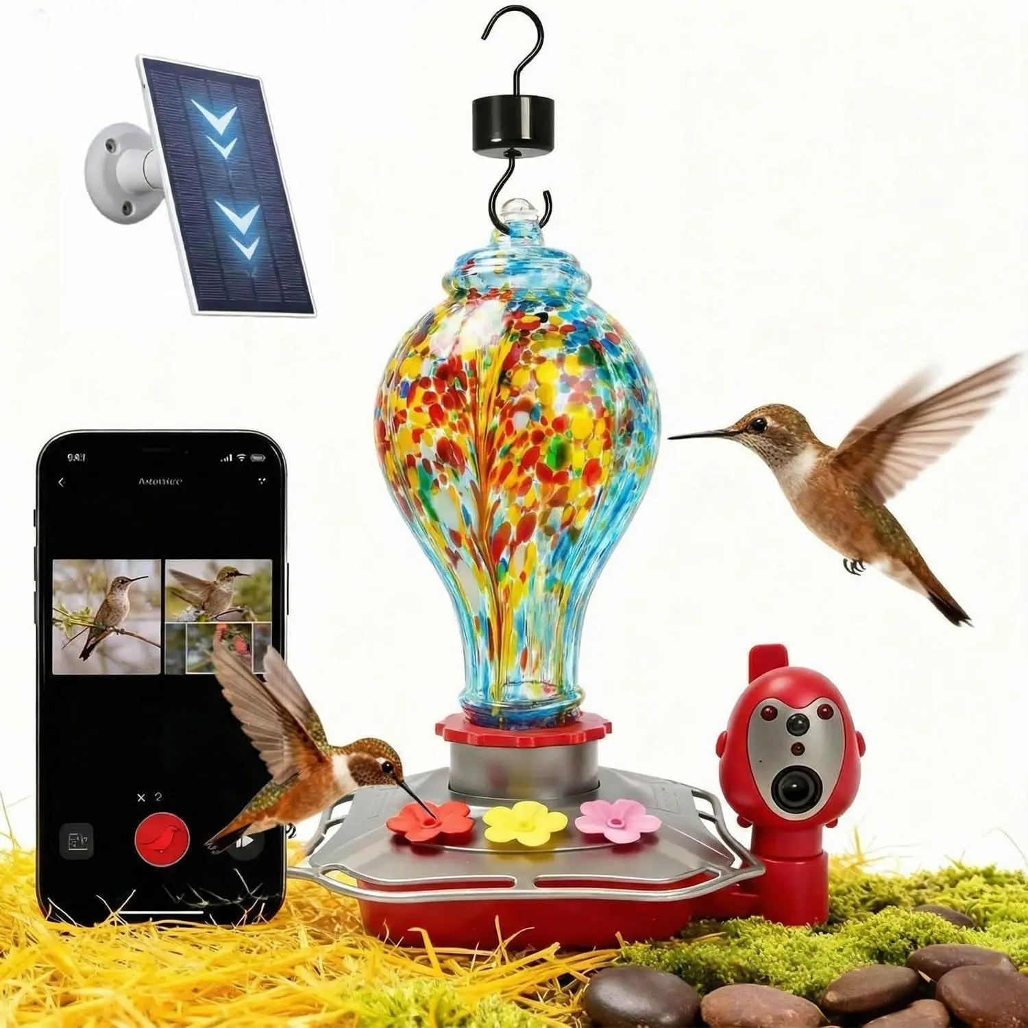 Hummingbird Feeder with Camera, Smart Glass Humming Bird Feeder Camera Solar Powered, AI Identify and Instant Notifications, K Live View, Leak-Proof Ant & Bee Proof