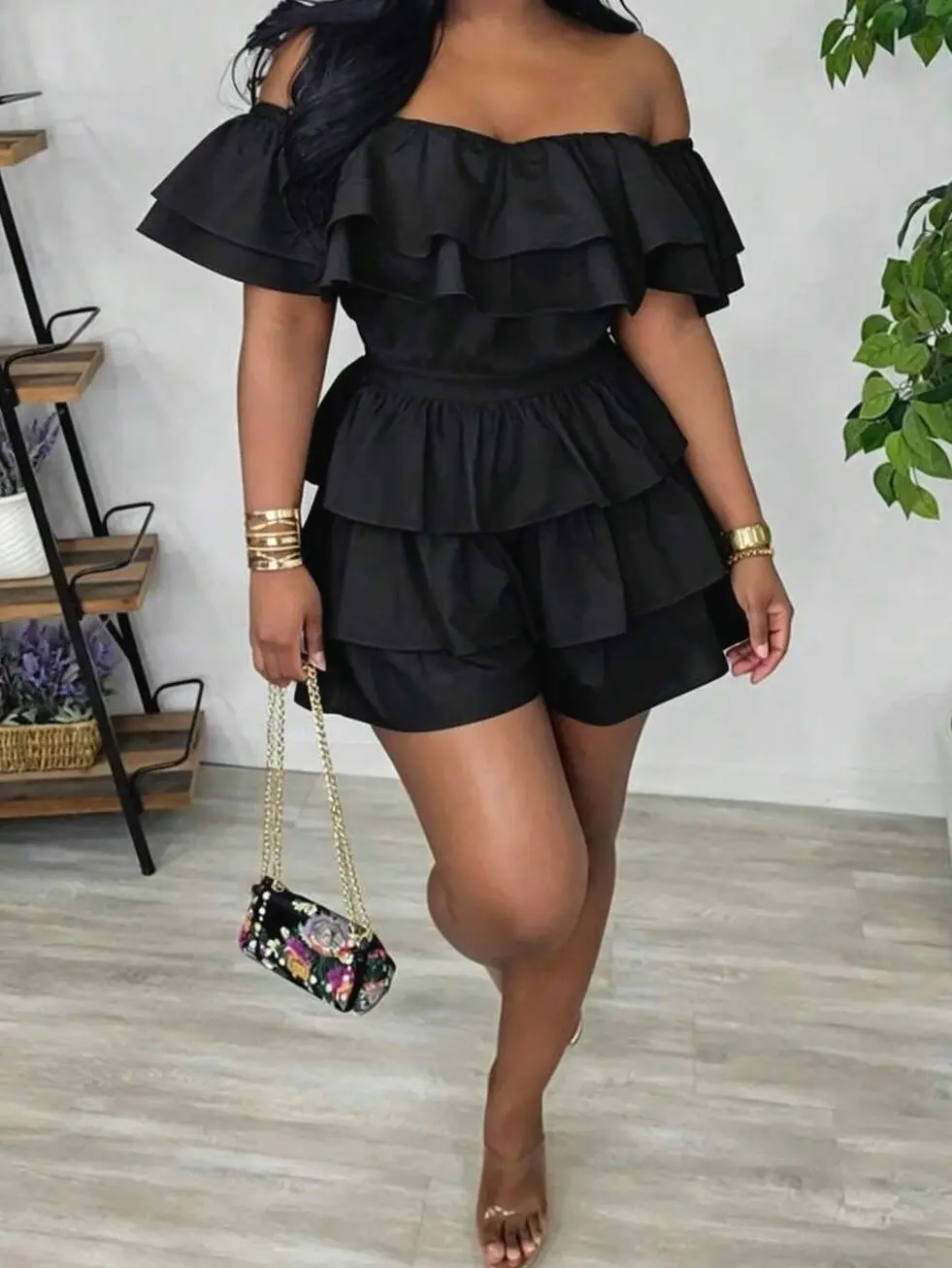 Women's Black Off-Shoulder Ruffle Layered Jumpsuit with Twist Detail for Party, Vacation and Summer Occasions