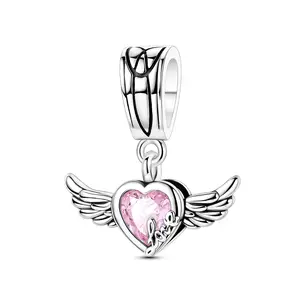 MULA 925 Silver-plated Winged Heart Pendant with Pink CZ - Angel Wings Love Pendant Beads, Symbol of Everlasting Love, Compatible with Pandora Bracelets, Great Gift for Women Girls