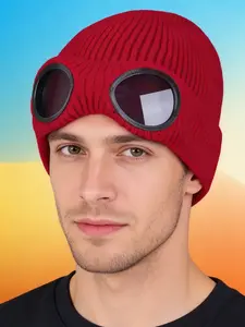 Unisex Solid Color Goggle Lens Design Beanie Hat, Casual Soft Comfortable Fashionable Beanie for Fall & Winter, Fashion Accessories for Both Men & Women, Knitted Winter Hat