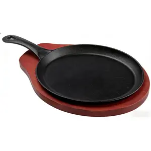Pre-seasoned 8.6inch Cast Iron Fajita Plate Set with Wooden Tray and Heat Resistant Hot Mitt