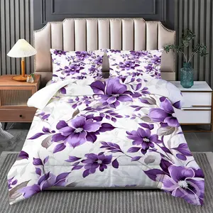 2/3Pcs White Purple Floral Cluster Bedding Quilt Set,Includes Soft Warm Quilt & 1/2 Pillowcases(no filler),Soft Cotton Skin-friendly All-season,Fits Minimalist Homestay/Literary Book Bar/Family Bedroom/Simple Elegant Planners,White Purple Floral Fresh Set