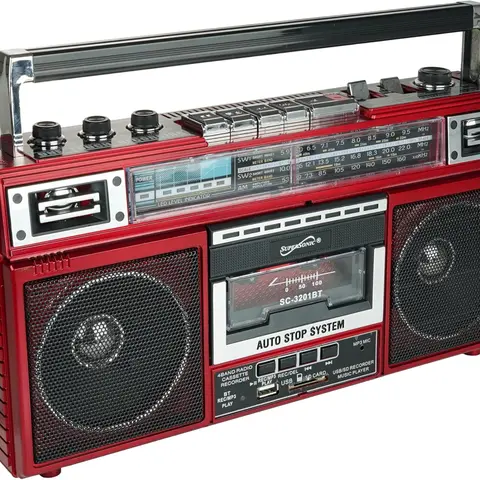 Supersonic SC-3201BT 4-Band Retro Portable Boombox - AM/FM/SW Receiver, Cassette Player, Bluetooth Speaker, MP3 Playback, USB Input, MicroSD, 3-Band EQ, 20W, 3.5mm Jack, AC Power 120/240v, 50/60hz Digital Stereo Vintage Audio (Red), Portable Radio Am Fm