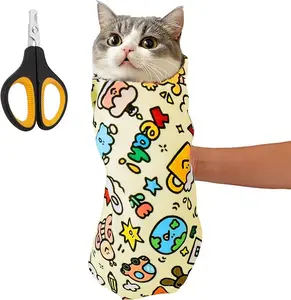 Cat Grooming Wrap for Cutting Nails - Self-Adhesive Cat Swaddle Wrap with Nail Clipper, Anti-Scratch Cat Burrito Wrap for Nail Trimming, Cat Grooming Supplies