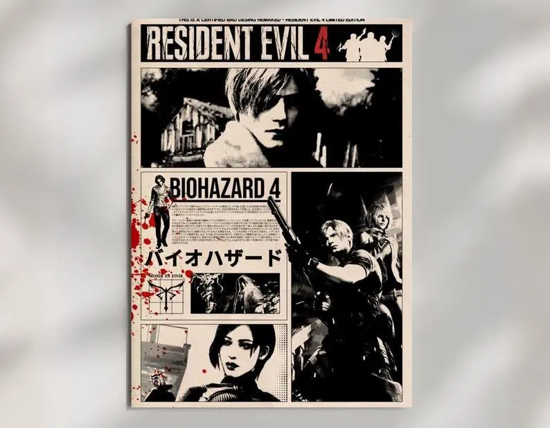Resident Evil 4 Poster, Newspaper Collage Print, Horror Gamer Wall Art