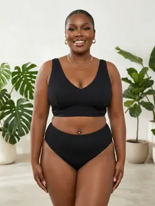 Plus Size High Waist Ruched Bikini Bottoms Textured Two-Piece Swimsuit, Swimsuit Style Bikini, High Waisted Bikini, Tummy Control, Wide Shoulder Straps, Simple Solid Color Design, Beach Vacation