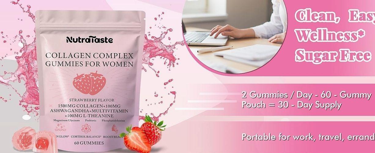Collagen Gummies for Women | Biotin, Vitamins, Probiotics & Ashwagandha | Skin, Hair & Nails Supplement | Sugar Free, Non-GMO, Gluten Free | Strawberry Flavor - 30 servings